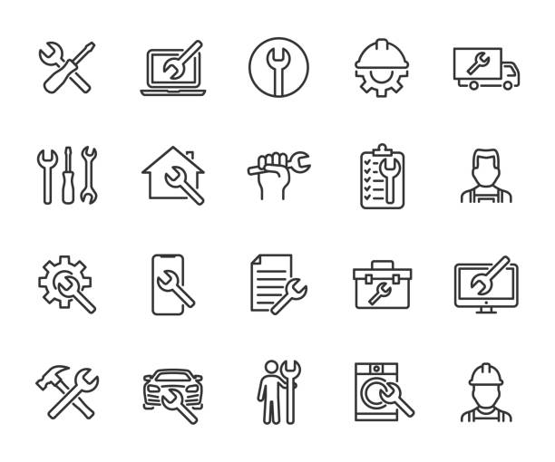 ilustraciones, imágenes clip art, dibujos animados e iconos de stock de conjunto vectorial de iconos de línea de reparación. contiene iconos de reparación de dispositivos, soporte técnico, ingeniero, kit de herramientas, reparación del hogar, mantenimiento, lista de trabajos y más. píxel perfecto. - repairing business car symbol