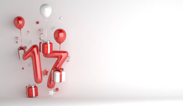 Indonesia independence day decoration background with 17 balloon number gift box, firework rocket, confetti, copy space text, 3D rendering illustration