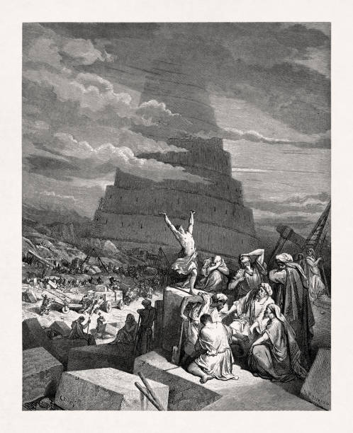The confusion of tongues from the Holy Bible Drawing of the Tower of Babel made in 1866 by Gustave Doré to illustrate a new edition of the Holy Bible. tower of babel stock illustrations
