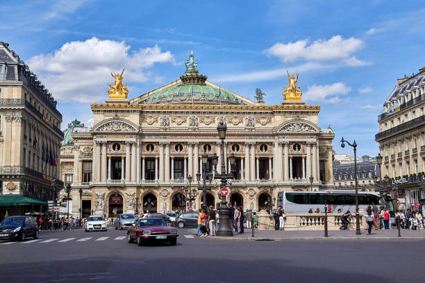 View Place de l'Opera and Opera de Paris building. Grand Opera (Garnier Palace) is famous neo-baroque building in Paris. Paris, France 9 Sep 2013, , View Place de l'Opera and Opera de Paris building. Grand Opera (Garnier Palace) is famous neo-baroque building in Paris. - Europe place de lopera stock pictures, royalty-free photos & images