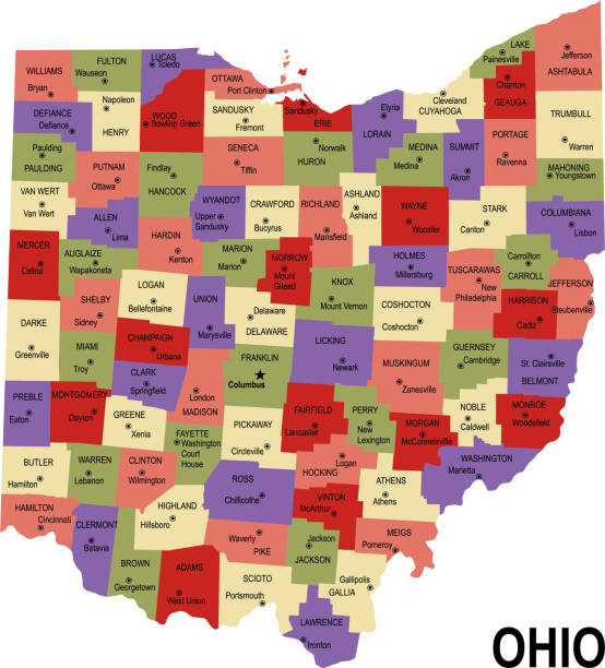 bunte flache karte des staates ohio usa mit countys - ohio map county cartography stock-grafiken, -clipart, -cartoons und -symbole