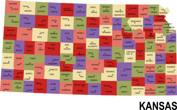 카운티와 캔자스 미국 의 상태의 다채로운 평면지도 - kansas topeka state capital stock illustrations