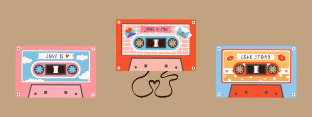Vector set of three retro vintage cassettes. Audio cassettes of love. Love songs, love audio recordings. A tape recording of a love story. Each cassette is isolated. Vector set of three retro vintage cassettes. Audio cassettes of love. Love songs, love audio recordings. A tape recording of a love story. Each cassette is isolated. outdated technology stock illustrations