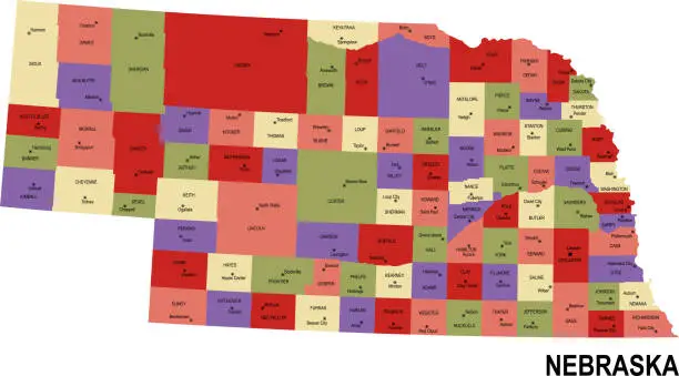 Vector illustration of colorful flat map of the state of Nebraska USA with counties