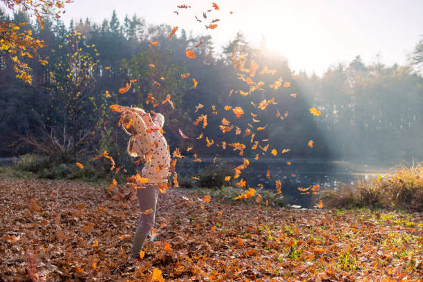 istock Child throwing dry leaves in autumn 1325565551