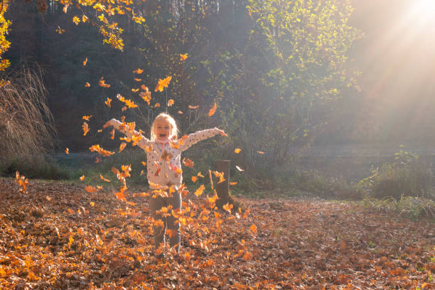istock Child throwing dry leaves in autumn 1325565553