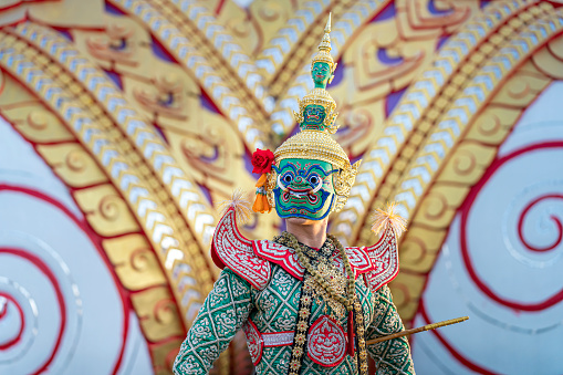 Giant carrying a sword. Ramayana story. The battle of Rama. Thailand Dancing in masked perform a Thai traditional masked ballet (Khon)