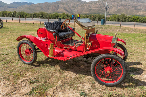 Villiersdorp, South Africa - April 12, 2021: Side view of a Ford Model-T Torpedo Roadster vintage car