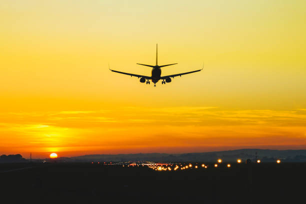 Airplane landing on the runway during sunset and dusk