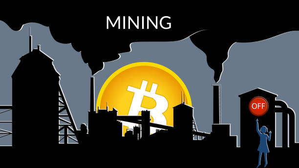 Concept of protest against environmental pollution when mining Bitcoin. Little girl reaches for the red button to turn off mining. Smoky factory chimneys. Black smoke covers the sky. Concept of protest against environmental pollution when mining Bitcoin. Little girl reaches for the red button to turn off mining. Smoky factory chimneys. Black smoke covers the sky. climate protest stock illustrations