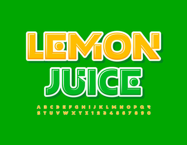 Vector creative sign Lemon Juice. Bright Yellow Alphabet Letters and Numbers set Abstract style Font juice bar stock illustrations