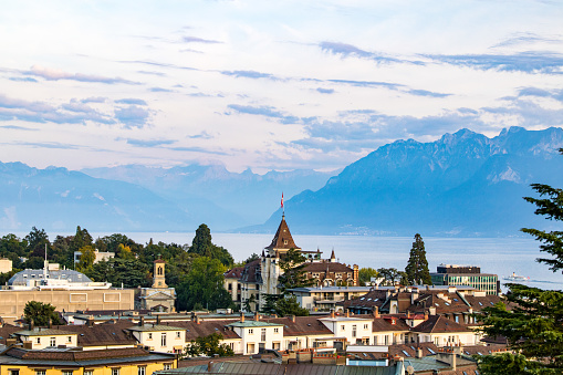 View of Lake Geneva and the city of Lausanne at sunset from the Sous-Gare district