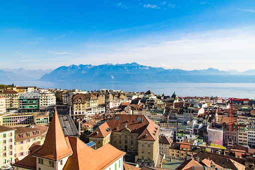 View of the city of Lausanne from the top of the bell tower of Lausanne Cathedral