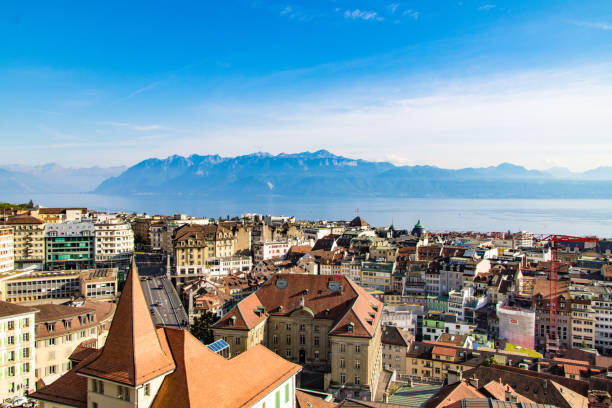 View of the city of Lausanne from the top of the bell tower of Lausanne Cathedral (Canton of Vaud, Switzerland) stock photo