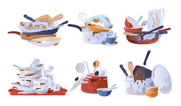 illustrations, cliparts, dessins animés et icônes de collection de vaisselle sale vecteur illustration plate diverses vaisselle vide pour le lavage et le nettoyage - cooking mess