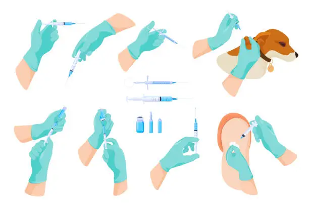 Vector illustration of Doctor hands syringes vaccine or drug vector flat illustration medical stuff in protective gloves