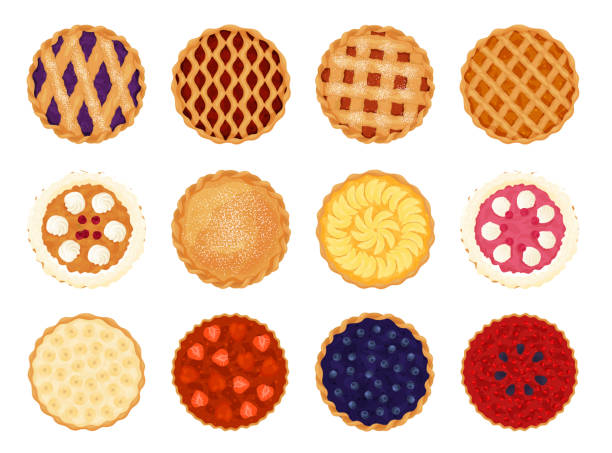 sammlung von torten top-ansicht vektor flache illustration. set von verschiedenen ganzen frischen backen süße kuchen - tart torte fruit berry stock-grafiken, -clipart, -cartoons und -symbole