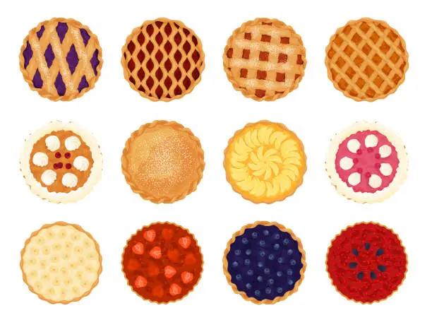 Vector illustration of Collection of pies top view vector flat illustration. Set of various whole fresh baking sweet cakes