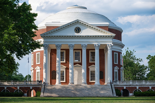 Charlottesville, USA - June 6, 2021 - The University of Virginia is a public research university in Charlottesville, Virginia. It was founded in 1819 by Thomas Jefferson. It is the flagship university of Virginia and home to the Academical Village, a UNESCO World Heritage Site.