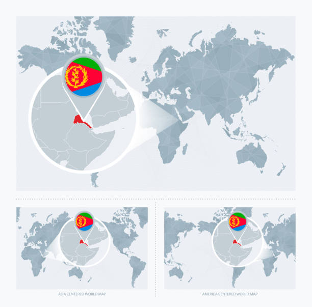 世界地図上のエリトリア、エリトリアの旗と地図を持つ世界地図の3つのバージョンを拡大。 - state of eritrea点のイラスト素材／クリップアート素材／マンガ素材／アイコン素材