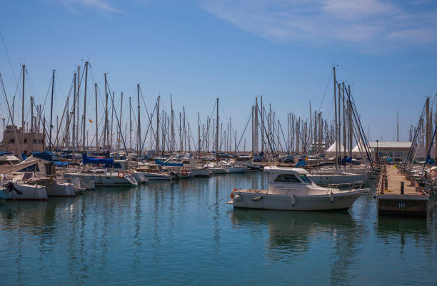 Vilanova I La Geltru, Spain - June 14, 2018:  Port with yacht and sailing boats, Spain