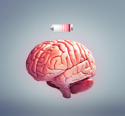 Inflamed human brain with low energy level battery above