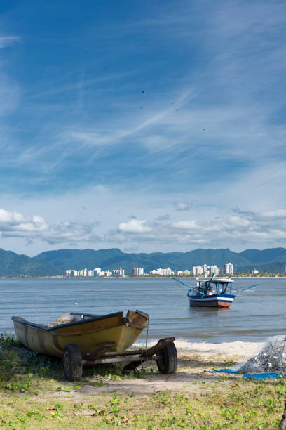 Boats on Caraguatatuba beach on the southeast coast of Brazil