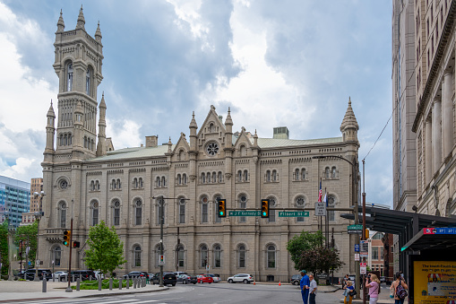 Philadelphia, USA - June 9, 2021 - The Masonic Temple is a historic Masonic building in Philadelphia. Located at 1 North Broad Street, directly across from Philadelphia City Hall, it serves as the headquarters of the Grand Lodge of Pennsylvania,