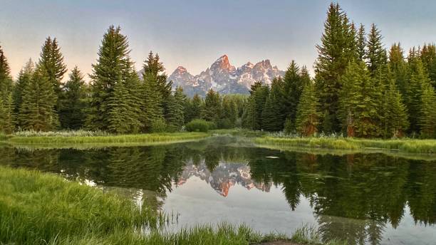 a grande cadeia de montanhas teton refletiu sobre o poderoso rio cobra ao amanhecer - nature reflection grand teton teton range - fotografias e filmes do acervo