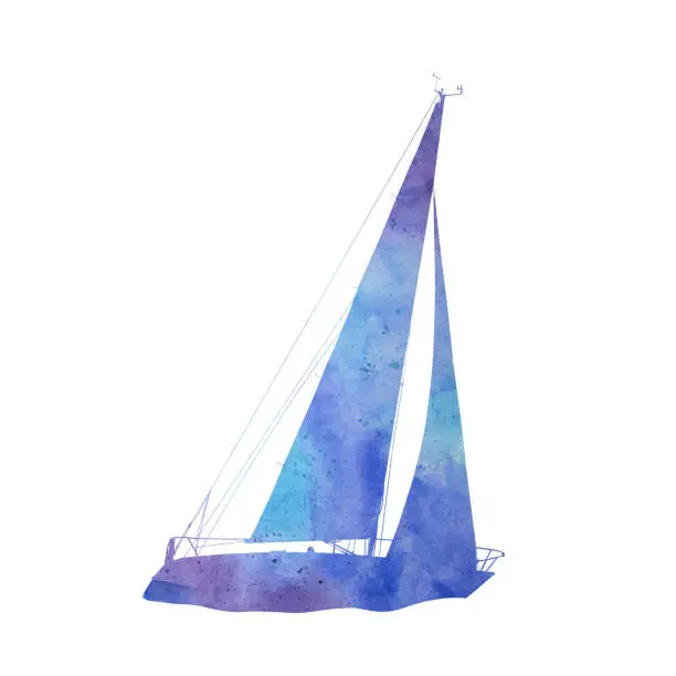 Vector illustration of Racing Sailboat Silhouette in a Blue and Purple Watercolor Texture. Vector EPS10