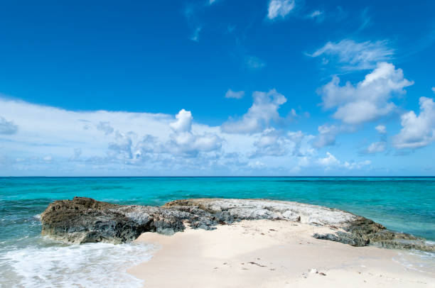 The scenic view of Grand Turk island beach with turquoise color waters and picturesque sky (Turks and Caicos Islands).