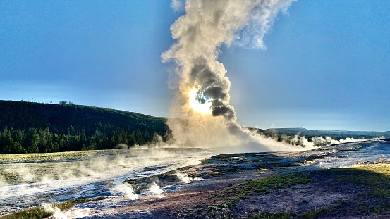 Thermal water pours over the travertine terraces in the Mammoth Hot Springs area in Yellowstone National Park.