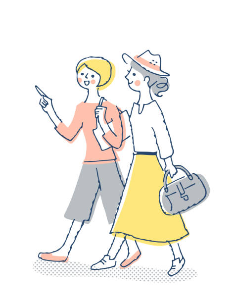 Two young women walking together Japanese, tourists, traveling, outdoors, walking, going out hit the road stock illustrations