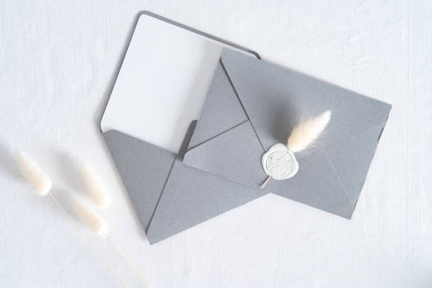 istock Wedding stationery top view. Flat lay grey envelopes and dried flowers on white background. 1325588236