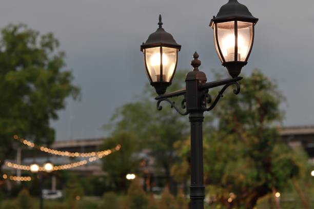 istock the light from street lantern in the garden 1325588441