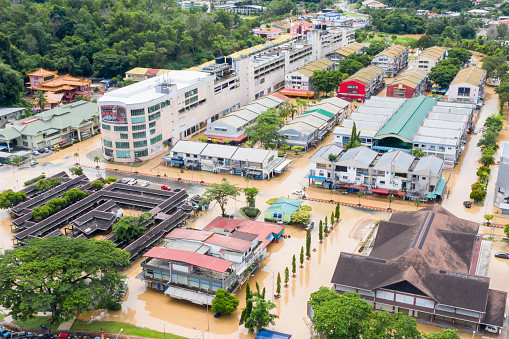 Aerial view of flooding In Penampang Town. The flood cause property damage, access cut,school closure and water supply disruption