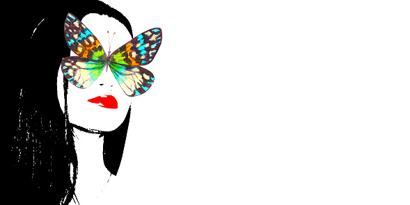 Contemporary art fashion woman portrait with watercolor colorful butterfly. Beautiful female face with red lips on white background. Artwork collage. Beauty, Spa, Skin Care and Cosmetology concept.