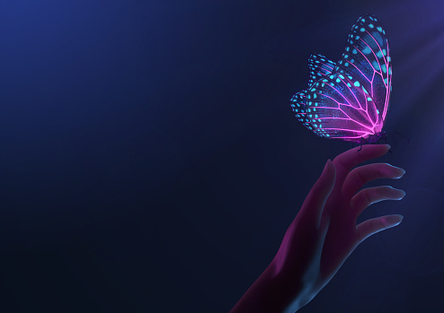 Render 3D de neón mágico brillante y mariposa fluorescente inspiradora photo
