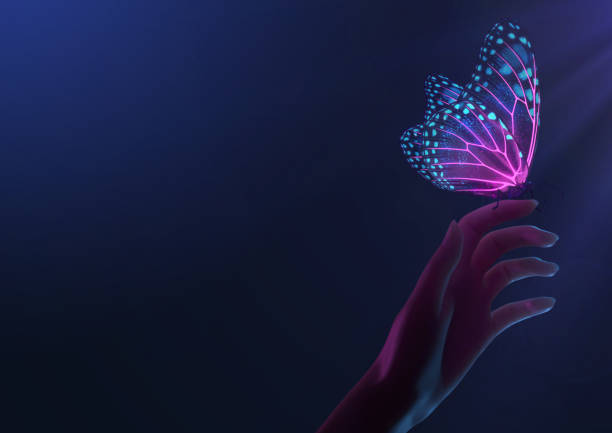 魔法の輝くネオンと蛍光にインスピレーションを与える蝶の3Dレンダリング