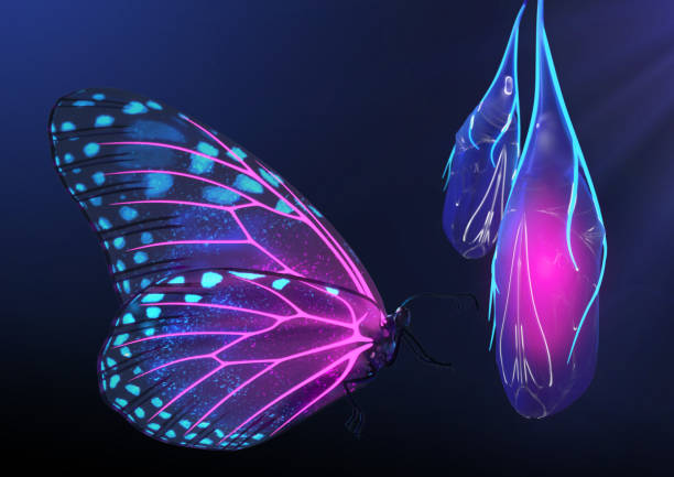 3D Render of Magical glowing neon and fluorescent inspirational butterfly beside cocoon 3D Render of Magical glowing neon and fluorescent inspirational butterfly beside cocoon pupa stock pictures, royalty-free photos & images