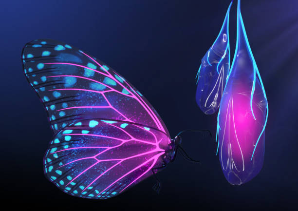 renderização 3d de neon brilhante mágico e borboleta inspiradora fluorescente ao lado do casulo - butterfly net - fotografias e filmes do acervo
