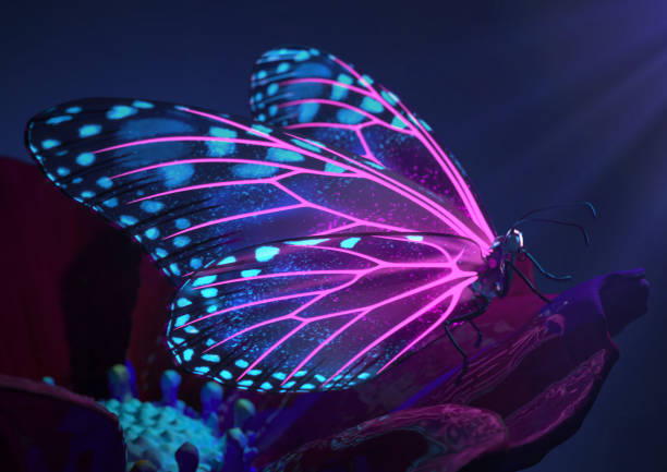 renderização 3d de neon brilhante mágico e borboleta inspiradora fluorescente - butterfly net - fotografias e filmes do acervo