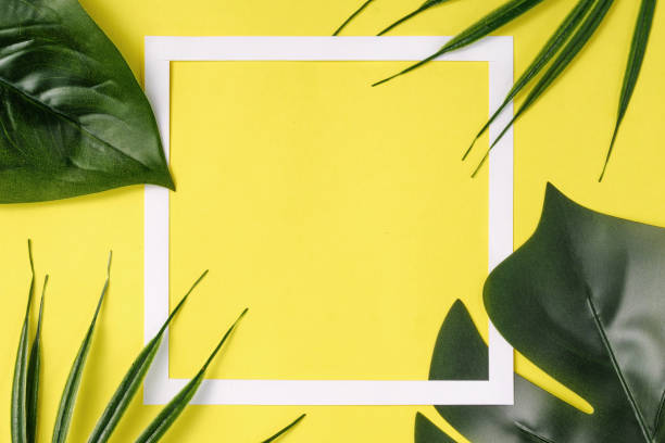 istock Hawaiian contemporary invitation with frame and paradise jungle palms. Creative summer banner or poster with tropical exotic leaves with yellow background. 1325591301