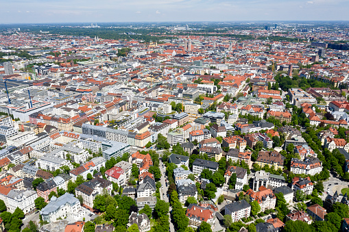Aerial view of apartment houses in residential district of central Munich, Bavaria, Germany.