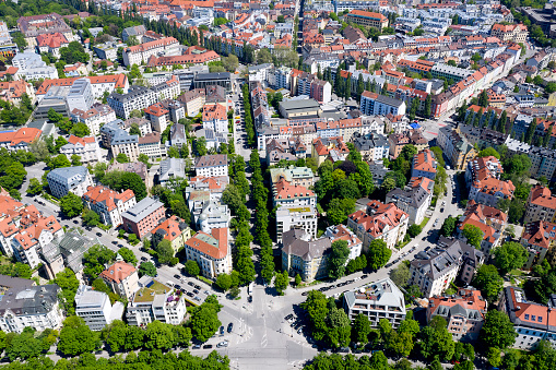 Apartment houses in residential district of central Munich, Bavaria, Germany, aerial view.
