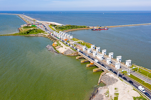 Aerial from sluices at Kornwerderzand on the Afsluitdijk in the Netherlands