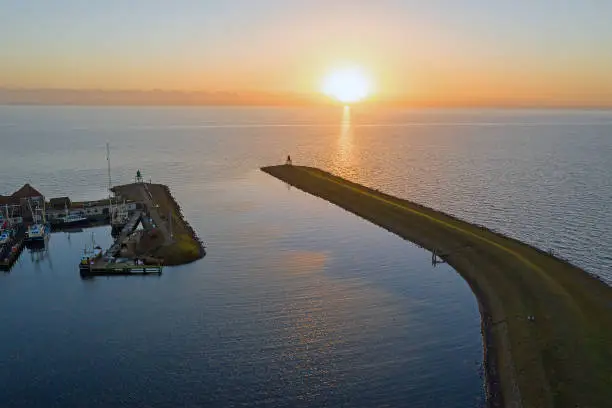 Aerial from the lighthouse from Stavoren at the IJsselmeer in the Netherlands at sunset