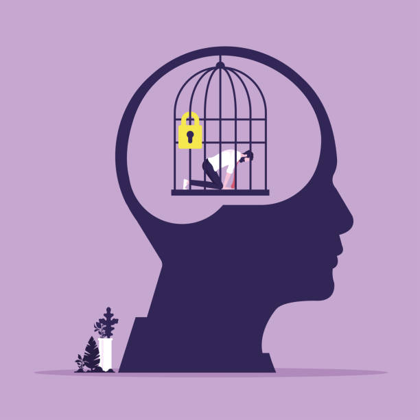 Mind prison psychological concept Head with personal mental trap as closed cage, Personal growth, Stuck in comfort zone inside the mind stock illustrations