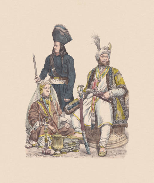 19th century, Central Asian costumes, hand-colored wood engraving, published c1880 19th century, Central Asian costumes, Kashmir: Dancer (left). Bodyguard of the Raja (left, behind). Raja of Kashmir (right). Hand colored wood engraving, published ca. 1880. raja stock illustrations