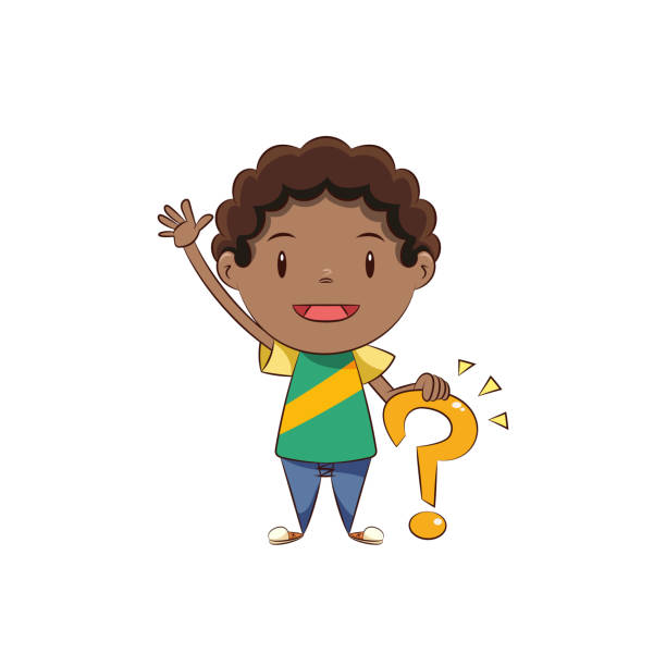 illustrazioni stock, clip art, cartoni animati e icone di tendenza di ragazzo che chiede, felice bambino carino alzando la mano tenendo il punto interrogativo - african descent question mark holding asking